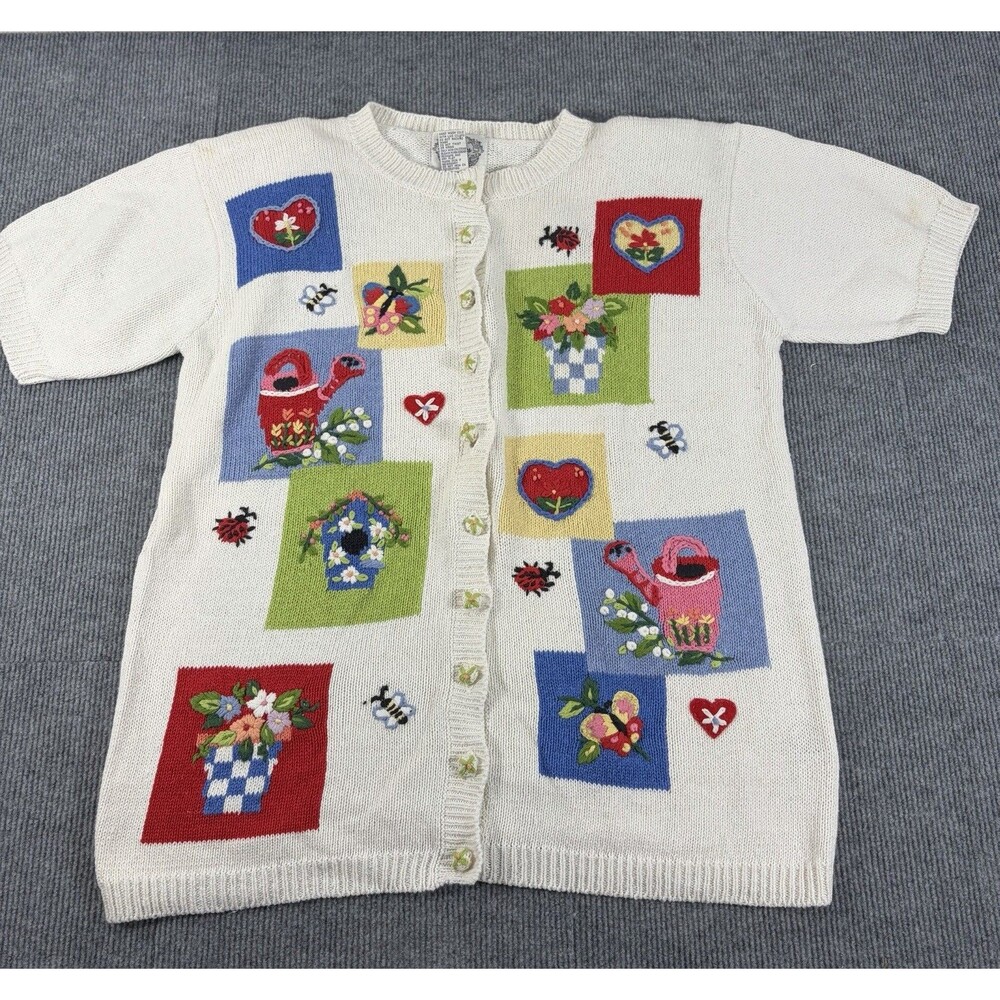 Vintage Cottagecore Stitches in Time Garden Embroidered Cardigan Sweater Ramie M